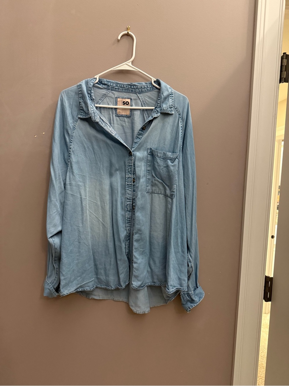 SO Light Blue Denim-Style Casual Button Down Shirt